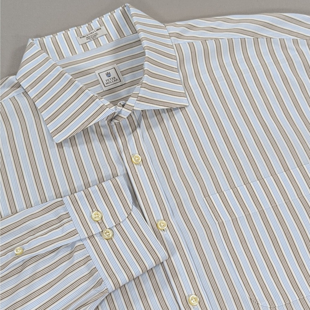 Peter Millar Shirt Mens XXL Blue Biege Striped Long Sleeve Button Down Cotton